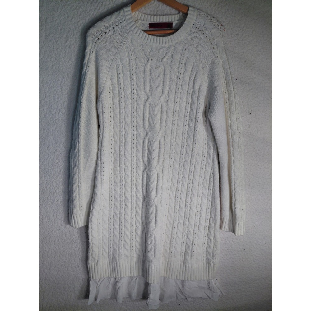 Love Scarlett Ivory White Cable Knit Ruffle Hem Sweater Dress Large